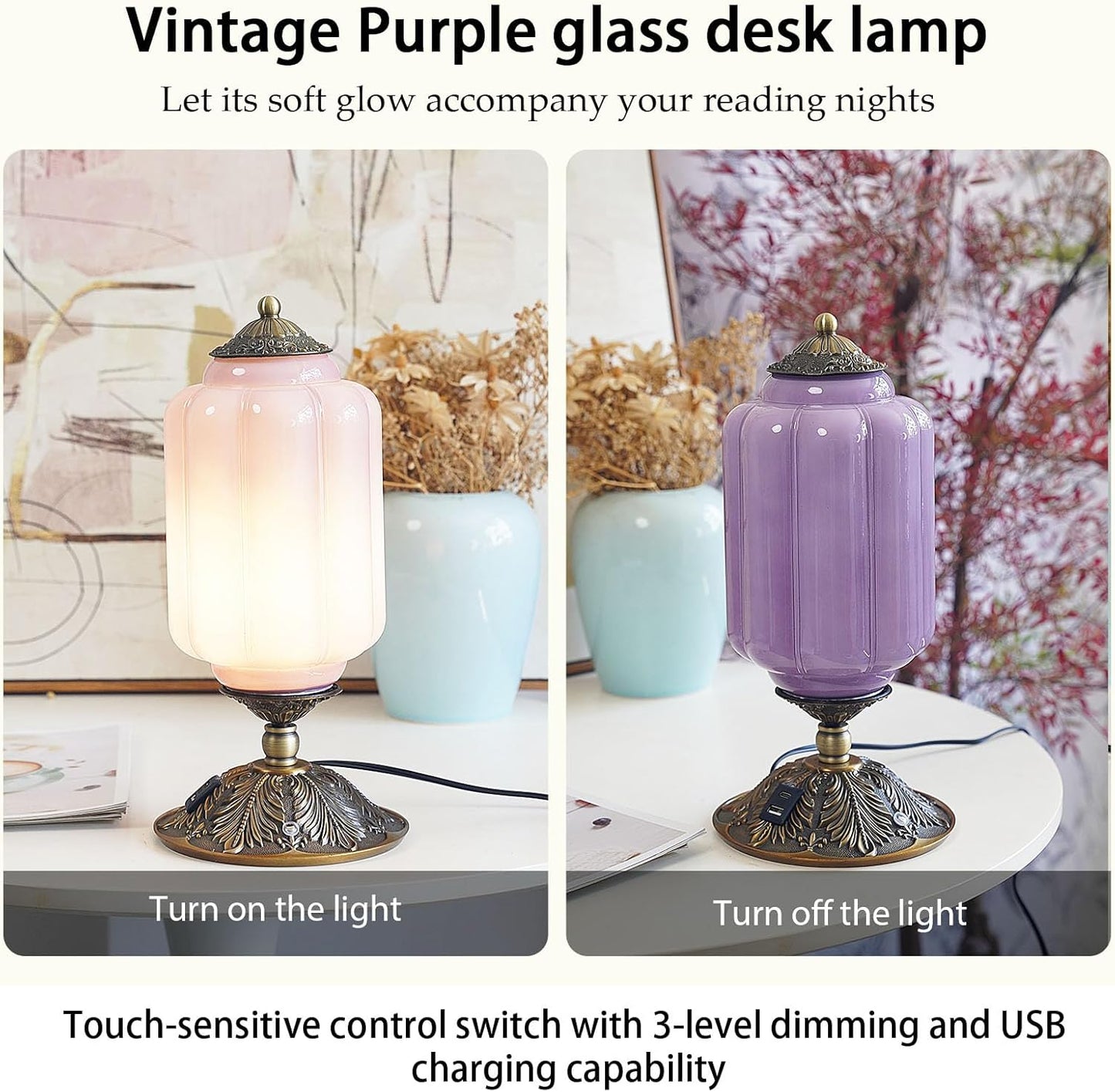 Milk Glass Touch Table Lamp, Elegant Green Jadeite Glass Bedside Desk Lamp 3 Way Dimmable with USB C+A Charging Ports - Bedroom Nightstand & Living Room Essential, 4W Bulb Included (Green, 6.5)