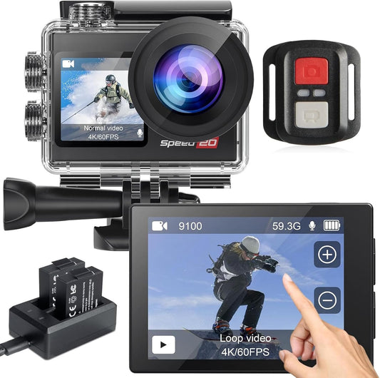 Action Camera 4K 60FPS with Touch Screen 20MP Waterproof Camera Underwater 131FT with EIS for Snorkeling Helmet Bike 170° Wide Angle Remote WiFi 5XZoom