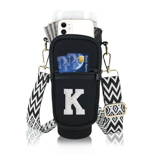 Initial A-Z Water Bottle Carrier Bag with Strap for Stanley 40oz Tumbler, Personalized Water Bottle Holder Pouch with Pearl Letter Phone Pocket for Stanley Cup Accessory Custom Gift for Women Black K
