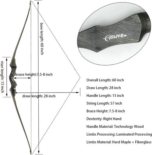 Black Hunter Archery Takedown Bow Longbow American Longbow Adult Right Hand Hunting Wood Bow 60",30-60lbs Target Practice
