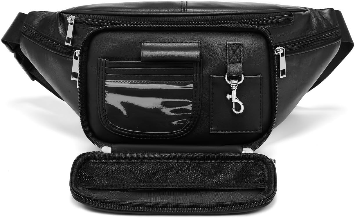 Genuine Leather Large 7 Pocket Waist Pack with Organizer, Card Slots (Black)