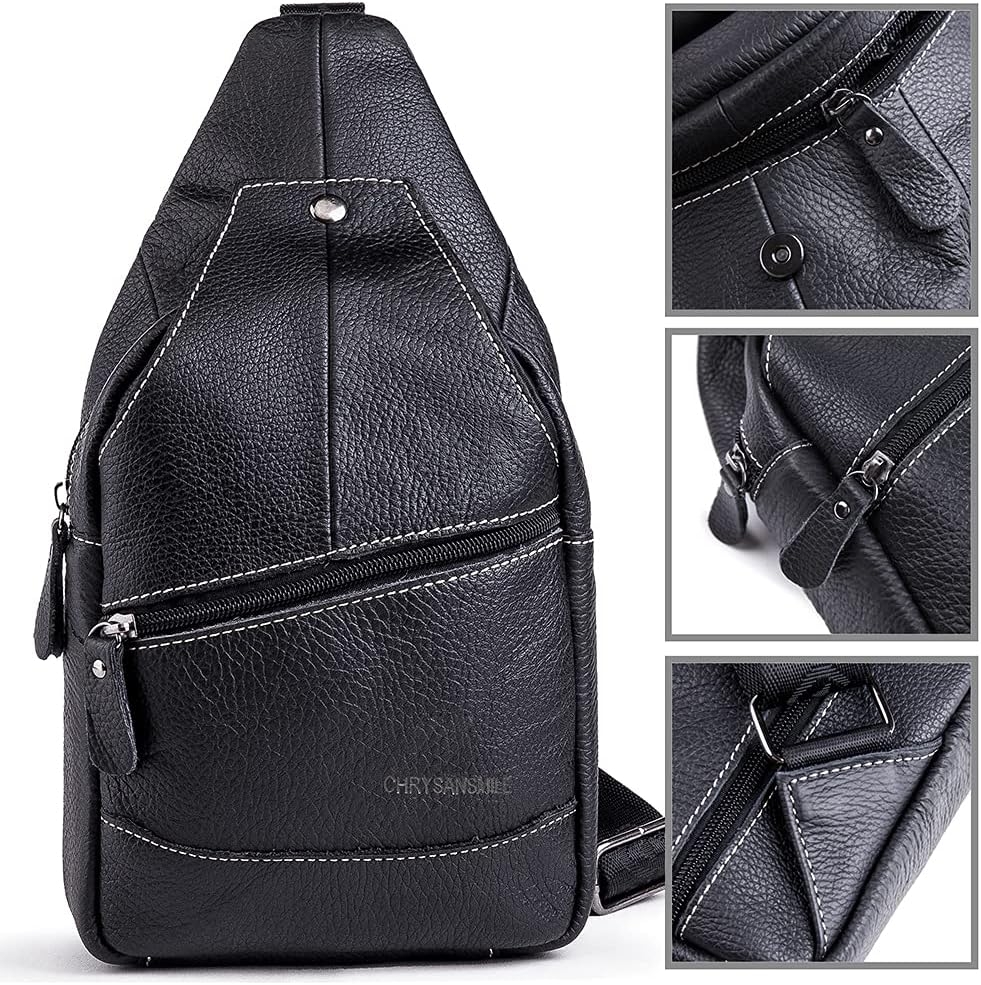 Chrysansmile Sling Bag for Men Black Crossbody Bags for Women Genuine Leather Cross Body Bag Mini Backpack for Travel Outdoor