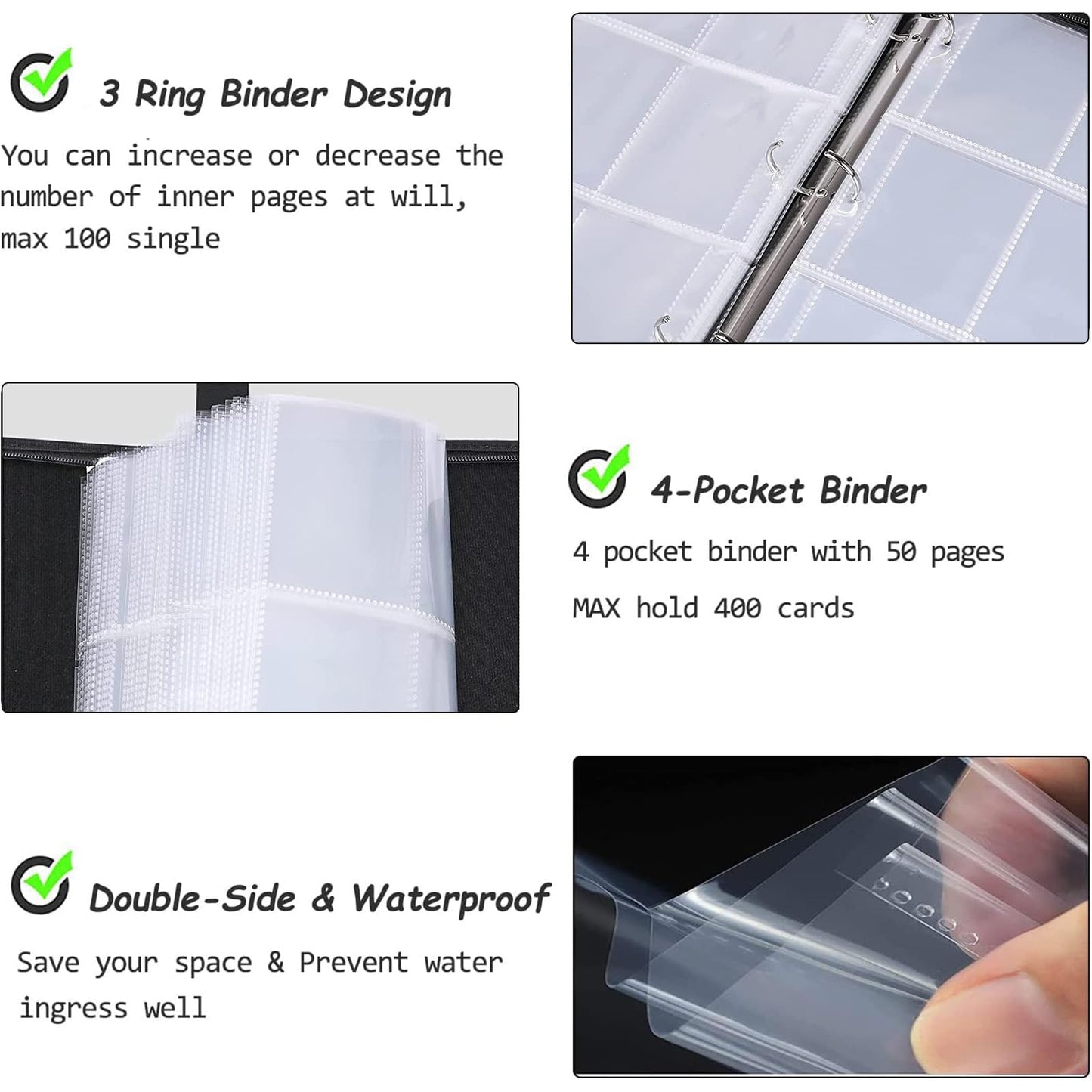 400 Pockets Sports Cards Binder,Trading Cards Holder Card Collectors Album,Trading Card Binder 4 Pocket with 50 Removable Sleeves for Football Baseball Basketball Hockey Soccer Card