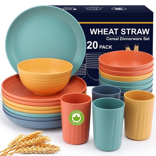 HOTEC 20-Pack Unbreakable Kitchen Plastic Wheat Straw Dinnerware Set – BPA-Free Plates, Bowls & Cups | Lightweight, Microwave & Dishwasher Safe | Multicolor Reusable Tableware for Home & Outdoor Use
