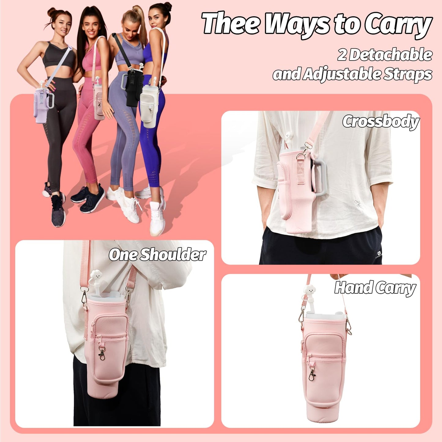 7 PCS Water Bottle Carrier Bag with Phone Pocket for Stanley Cup 40oz Accessories with 2 Straw Covers 2 Straws 2 Brushes Neoprene Water Bottle Holder Pouch with Adjustable Shoulder & Hand Straps