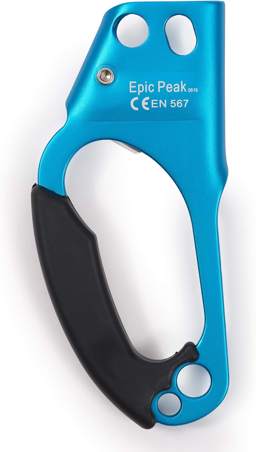 Right Hand Ascender - Strong Climbing Equipment with Ergonomic Rubber Handle and Steel Cam - Best Used with 8-12mm Rope - Sport Climber, Arborist, and Mountaineering Safety Tool with Decal