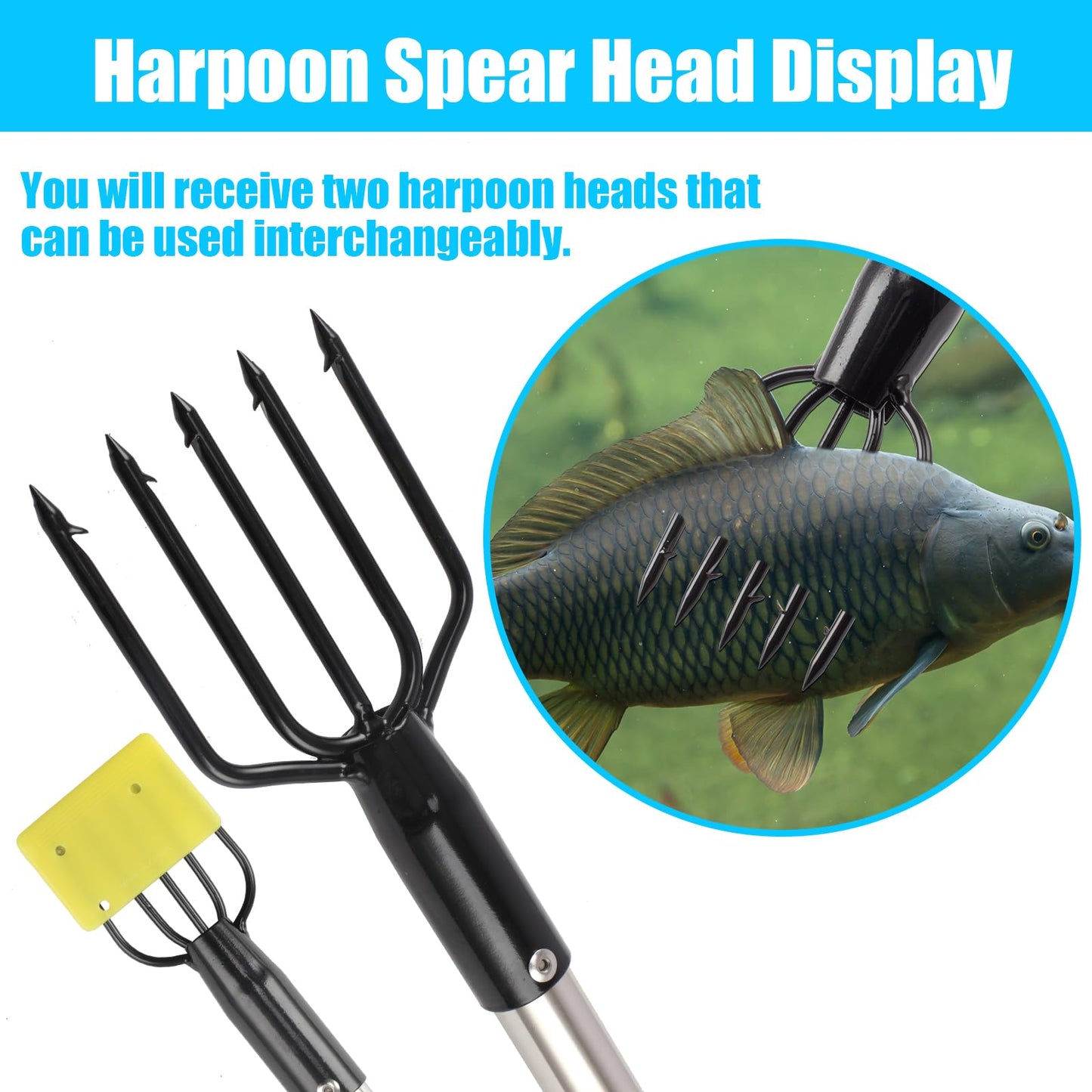 Frebuta Frog Gigging Pole,2 to 6Ft Fishing Gig Gaff with Barbed 5-Prong Harpoon Stainless Steels Flounder Gig Extension Pole Long Handle with Spong Handle Hunting Bullfrog Spears Fish Hook Sturdy