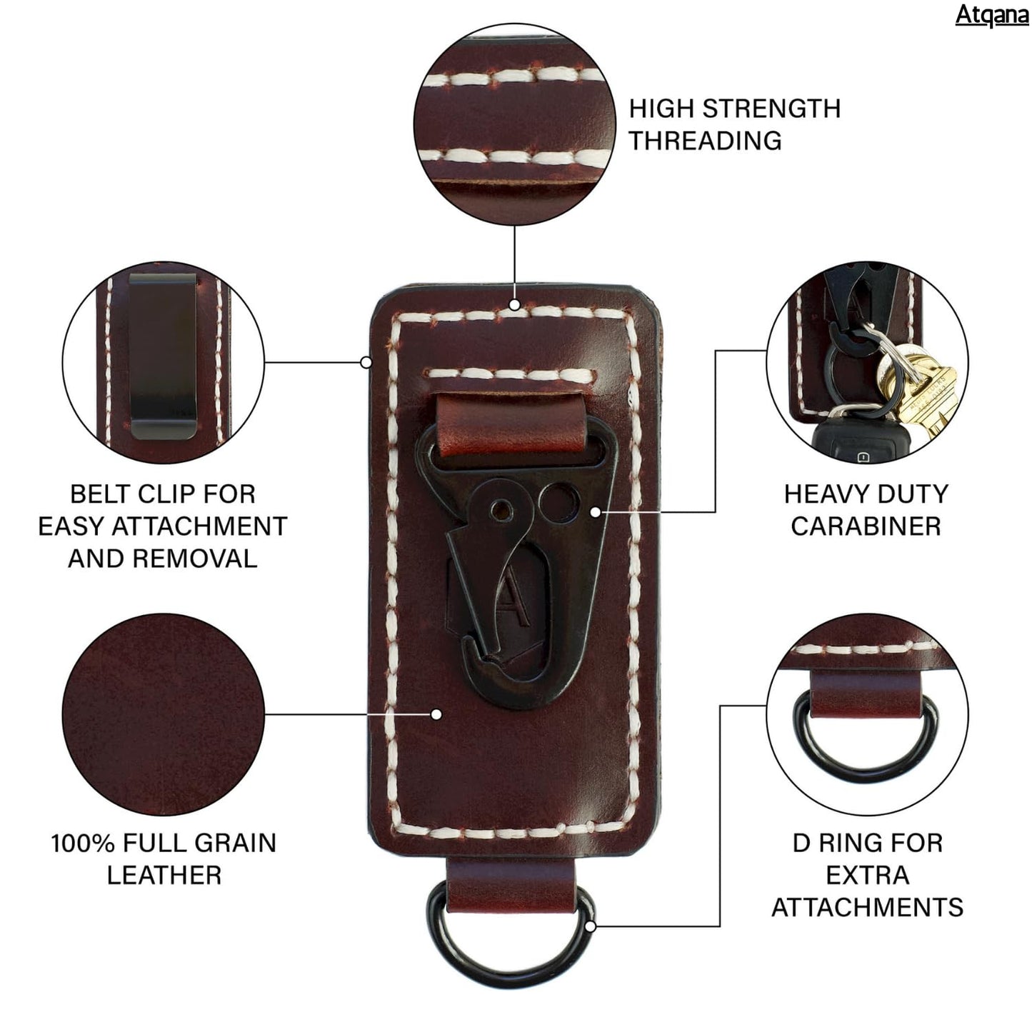 Atqana Leather Belt Key Holder (Premium Leather) - Handmade EDC Keychain Clip for Belt with Heavy Duty Key Fob Holder and D Ring (Extra Dark Brown)