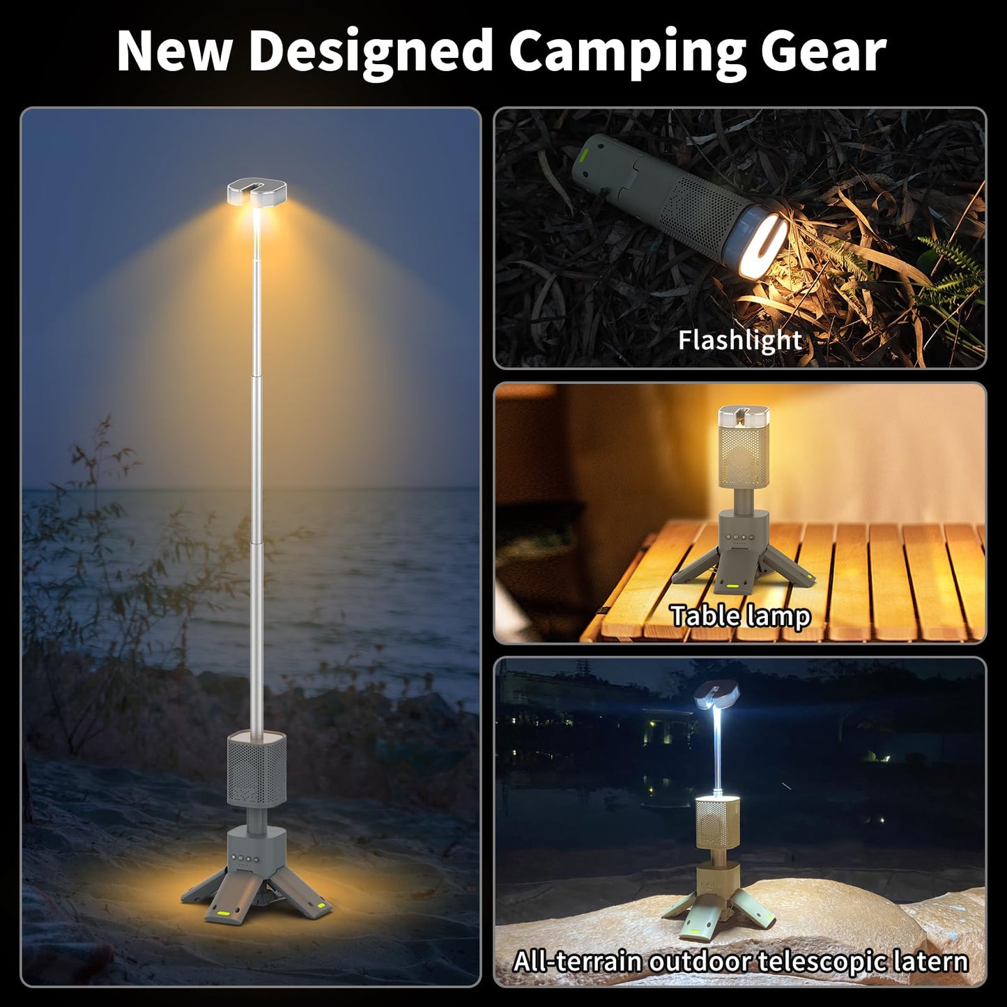 Hiwevvy Camping Lantern, 14000mAh Rechargeable Telescopic Camping Lights Built-in Magnetic Stand with Speaker, Portable Waterproof Outdoor LED Flashlight for Emergency, Hiking, Camping, Fishing -Khaki