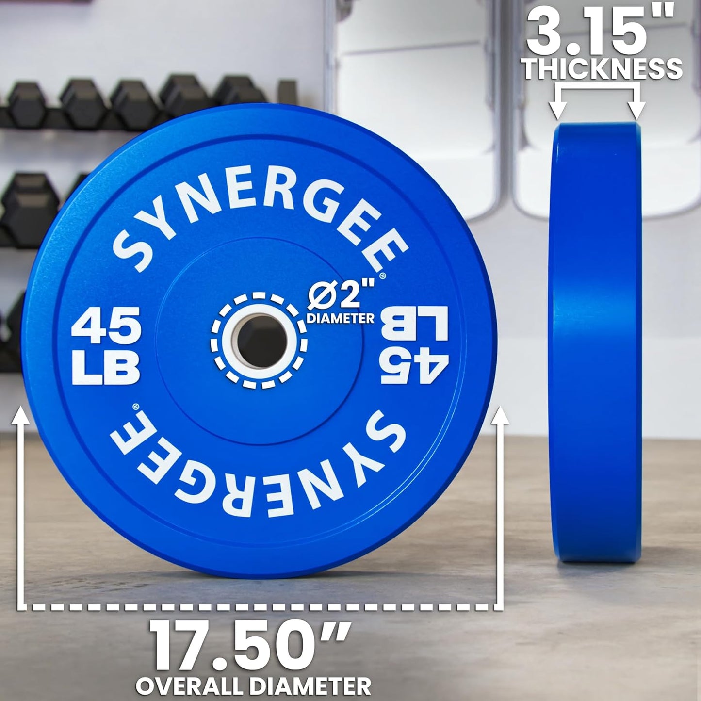 Synergee Bumper Plates – Durable Olympic Weight Plates, Low-Bounce Rubber for Strength Training, Powerlifting, and Functional Workouts.