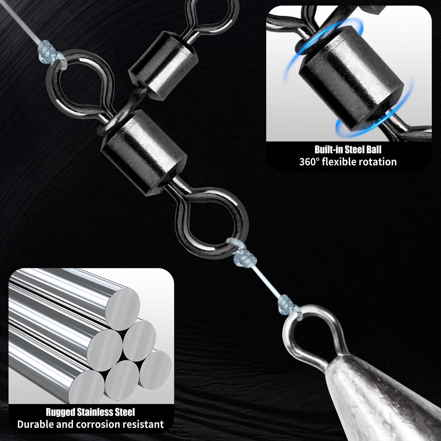 FishTrip 3 Way Swivel Fishing Tackle - 50pcs Black T-Turn Three Way Swivels Heavy Duty Saltwater for Catfish Rigs(2 * 3#)