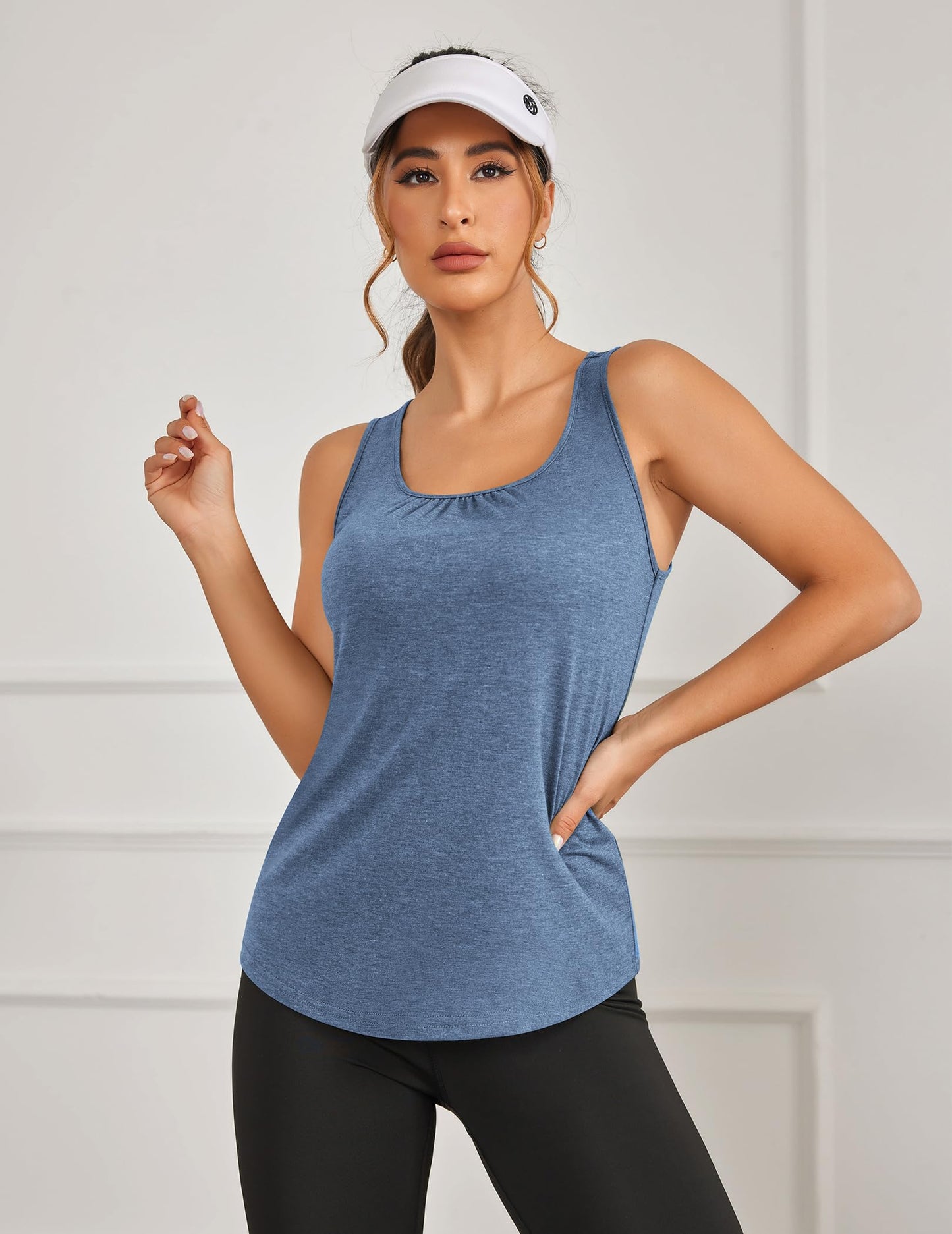 PINSPARK Womens Tank Tops Sleeveless Athletic Running Shirts Moisture Wicking Racer Back Workout Tank Flowy Tennis Pickleball Shirt for Summer,Denim Blue/Dark Green XXL