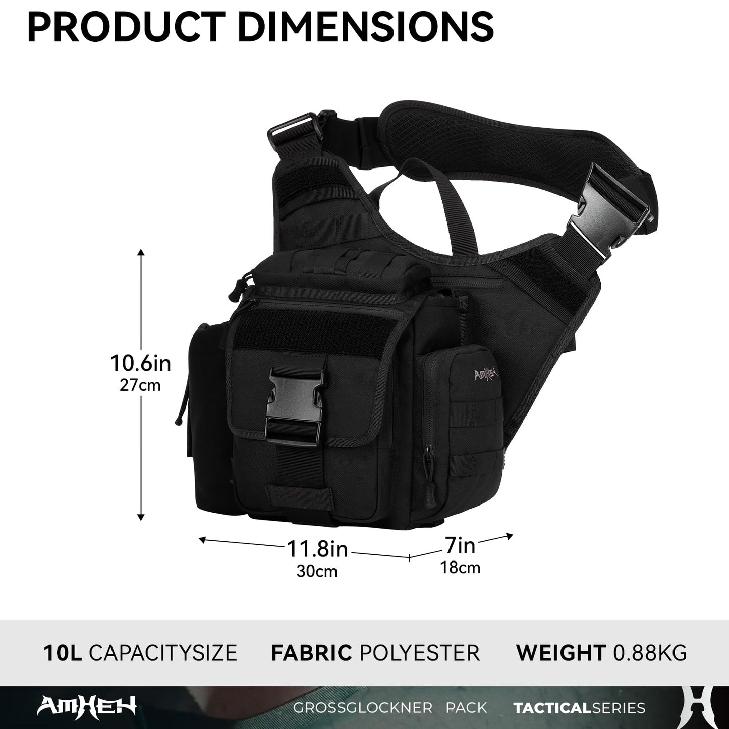 AMHEH Tactical Messenger Bag 10L Military Molle Crossbody Sling Backpack EDC Satchel with Multiple Pockets Waterproof for Men (Black)