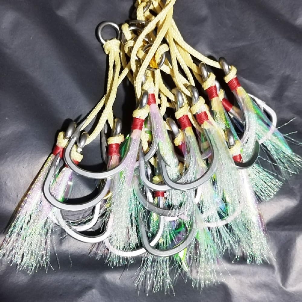 Feianoto 4 Pairs Fishing Double Barbed Jig Hook Kevlar Line 6X Extra Strong Strength Slow Fast Jigging Assist Saltwater Hooks Jigs Lure Circle Hook (4/0)