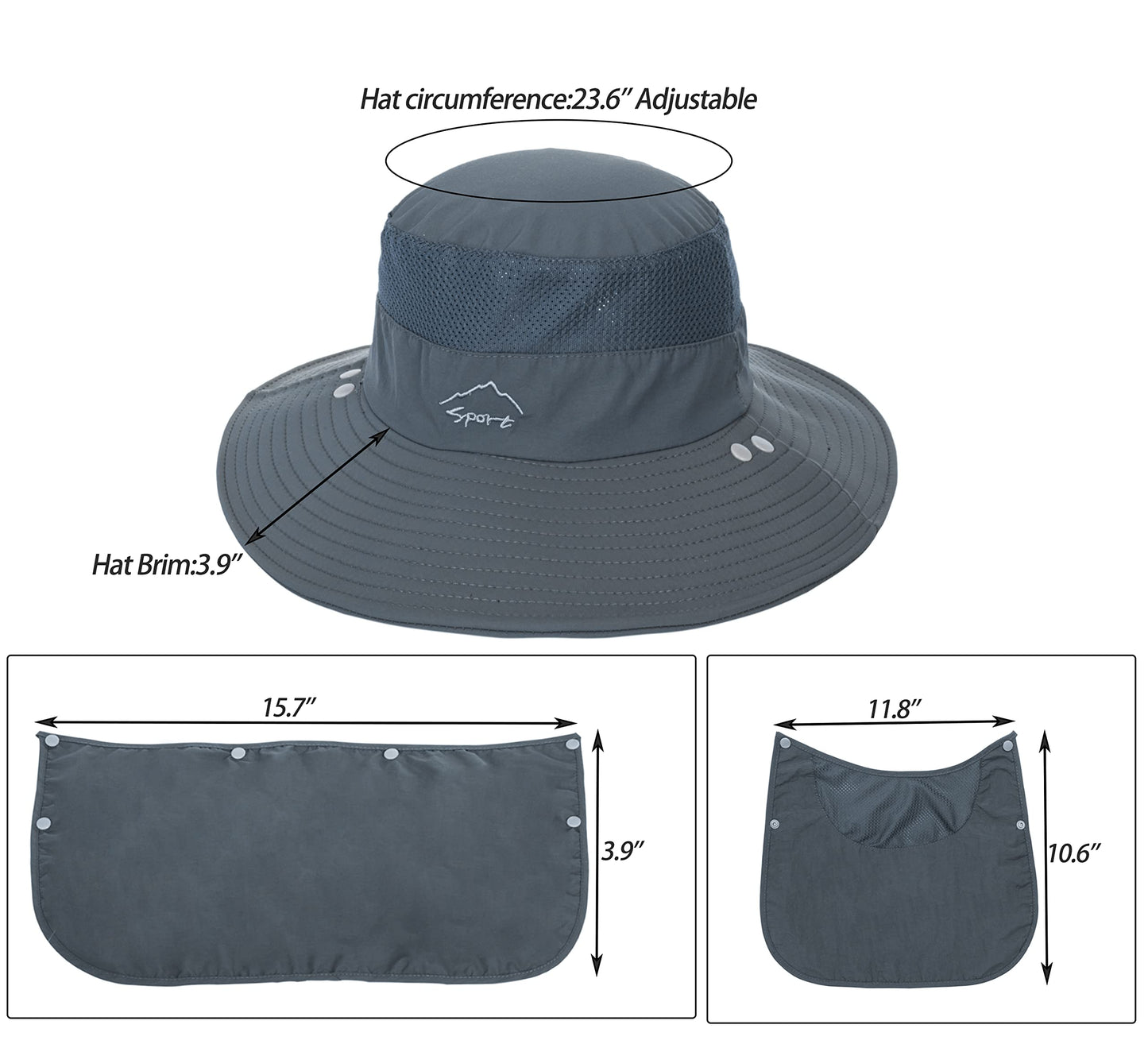 Fishing Hat for Men, Outdoor 3 in 1 Sun Hat Summer Wide Brim Safari Hat Boonie Hat with Neck Flap Dark Grey