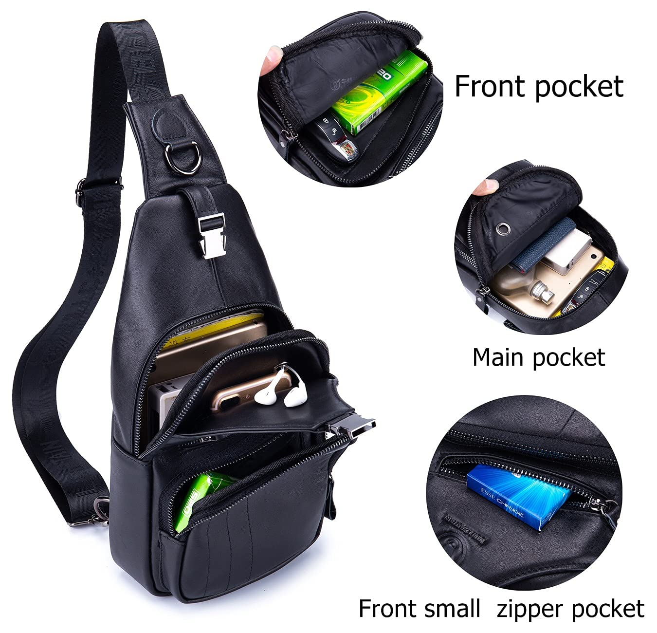 BULLCAPTAIN Men Sling Chest Bag Genuine Leather Casual Multipurpose Crossbody Shoulder Backpack Travel Hiking Daypack (Black)