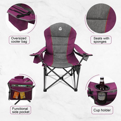 Northroad Oversized Portable Camping Chair, Full Padded Outdoor Folding Chair Support 350 LBS, Heavy Duty Lawn Chair with Cup Holder, Cooler Bag, Lumbar Support, Head Pocket for Adult (Purple)