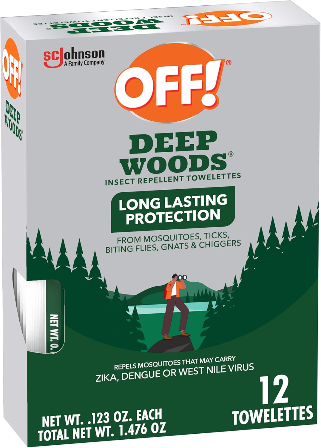 OFF! Deep Woods Mosquito, Tick, and Insect Repellent Wipes, Long lasting, 12 Individually Wrapped Wipes