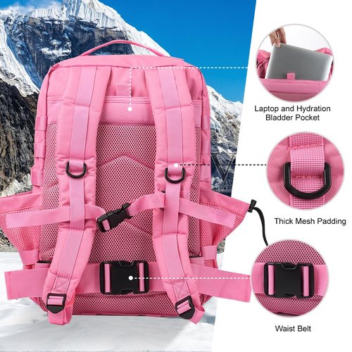 Hannibal Tactical 45L MOLLE Assault Backpack, Tactical Backpack Military Army Camping Rucksack with Bottle Holder, 3-Day Pack Trip w/USA Flag Patch, D-Rings, Pink