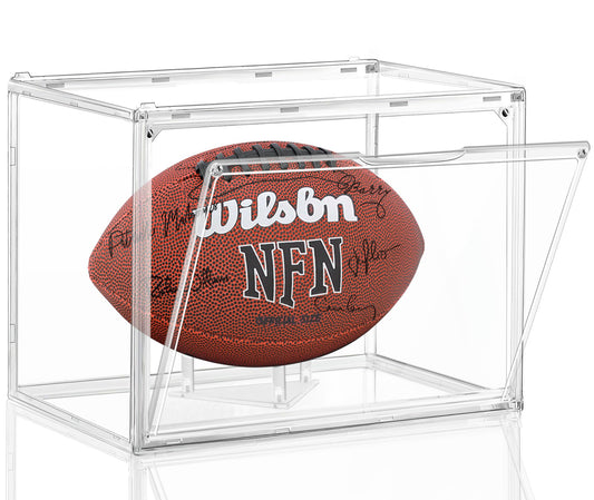Football Display Case, KKU Acrylic Clear Football Case Full Size with Magnetic Door, Professional Memorabilia Football Display Boxes Football Holder Dust and UV Protection
