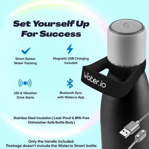 WATER.IO Smart Water Bottle Carrier Handle - Durable Bottle Handle with Innovative Design, Flexible Grip, and Easy Installation. Lightweight BPA/BPS Free Silicone for Comfortable Carrying (Black)