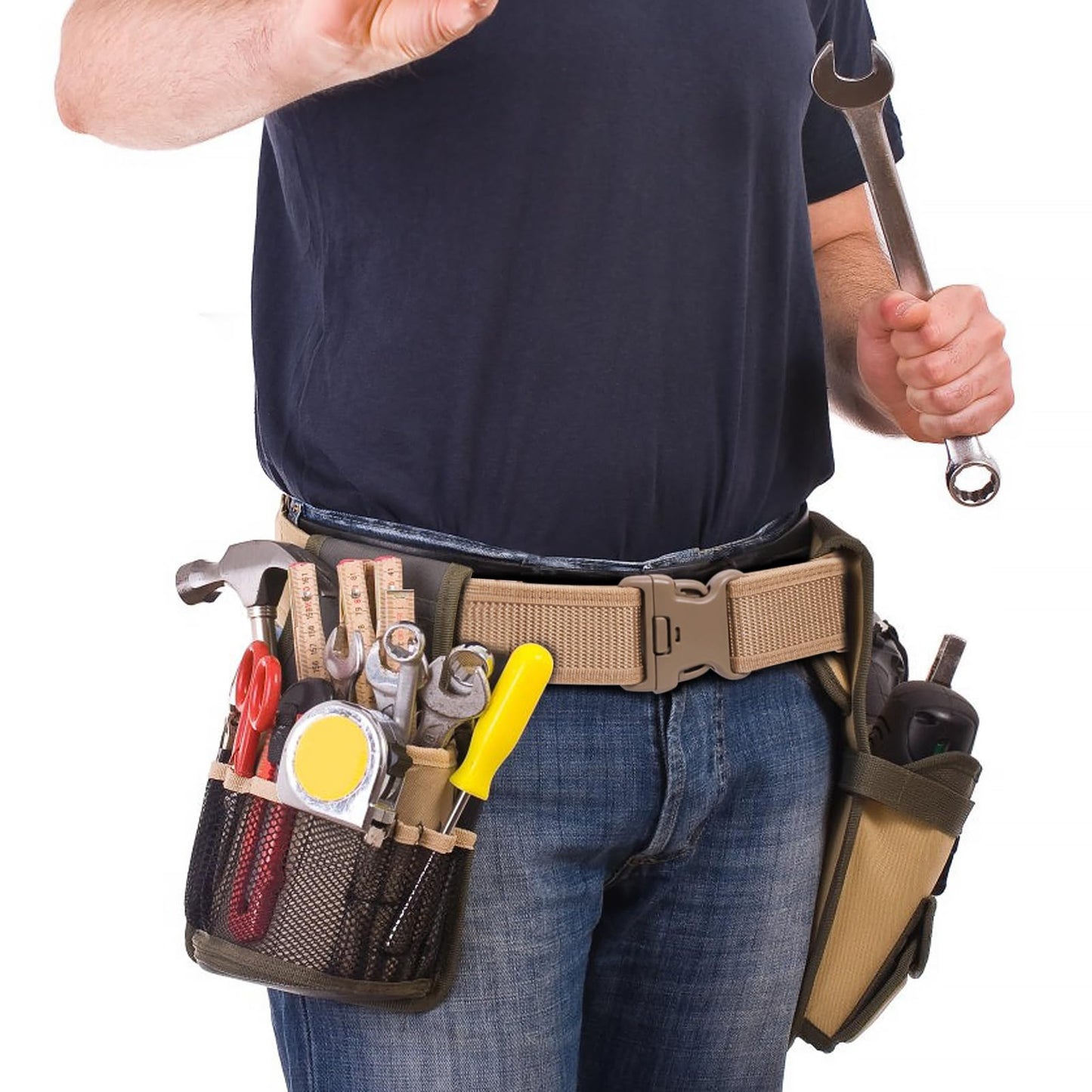 FENGSINET Duty Belt Police Security Duty Belts Law Enforcement Nylon Gun Belt with Utility Tactical Belt Keepers(Duty Belt, Khaki, Medium)