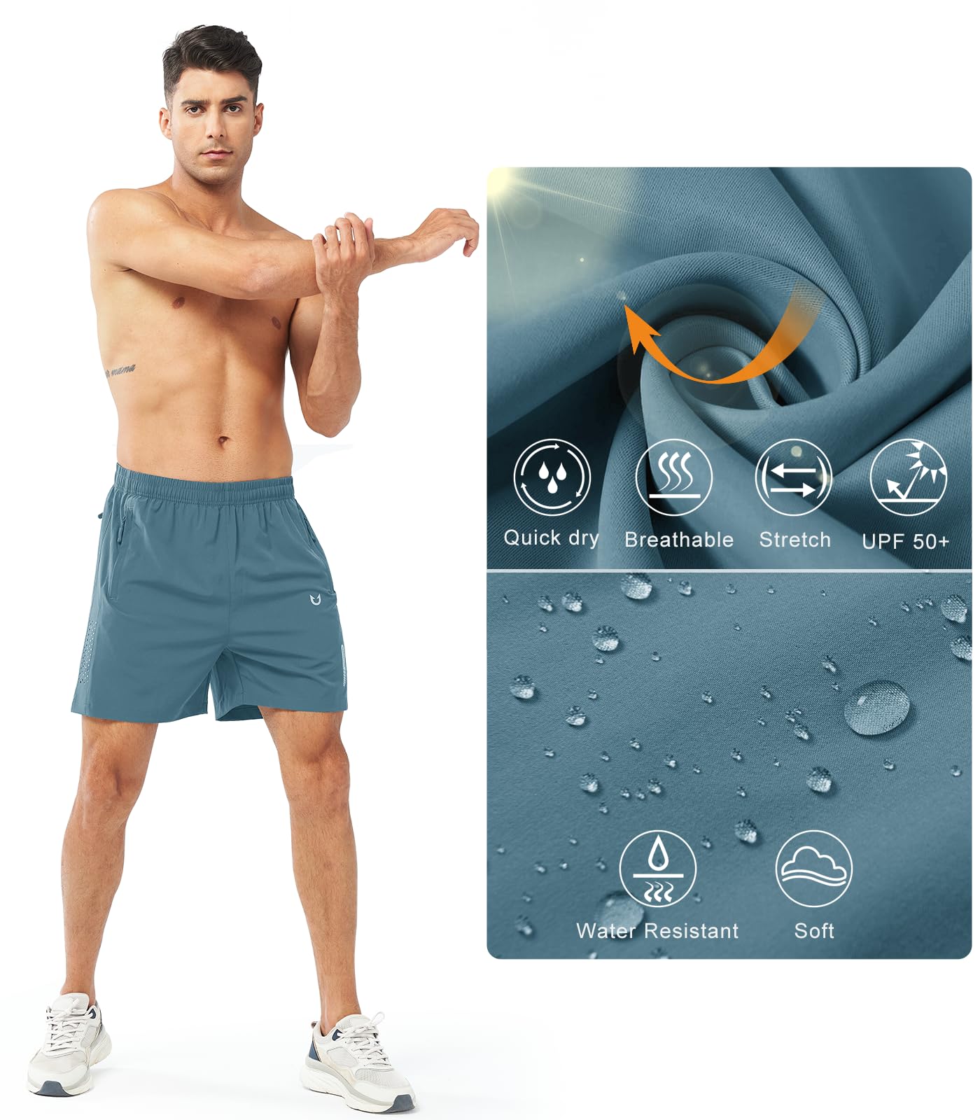 NORTHYARD Men's Athletic Running Shorts Gym Workout 7"/9"/5" Quick Dry Lightweight Sports Basketball Tennis 3 Zipper Pockets GREYBLUE-5inch 4XL
