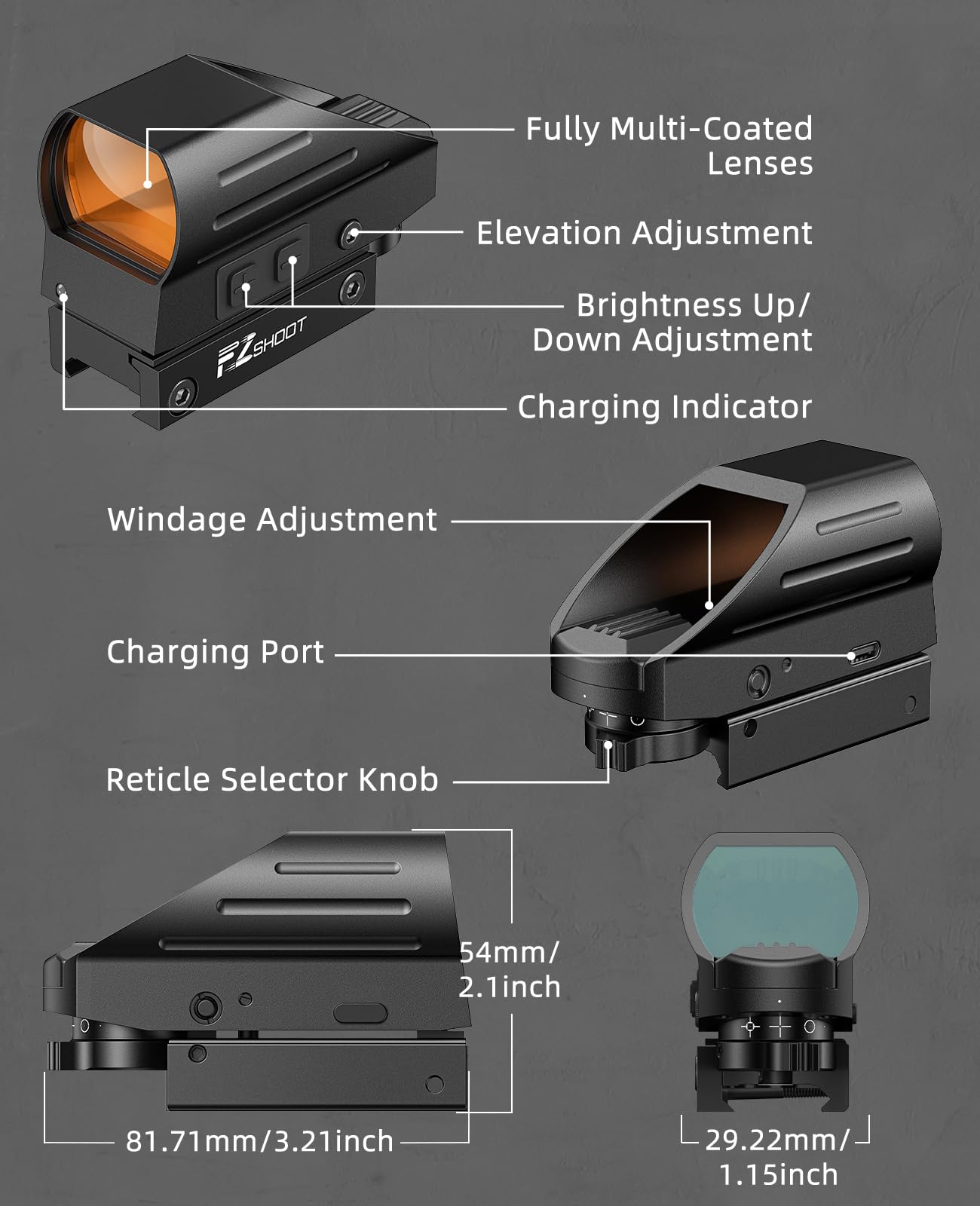 EZshoot Rechargeable Red/Green Dot Reflex Sight, Red Dot Optic Scope, Multiple Reticle Paintball Sight with 20mm Picatinny Rail Mount, Absolute Co-Witness Red Dot Scope (Red Dot)