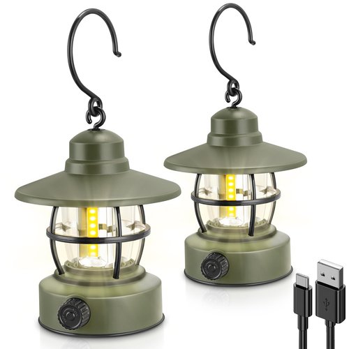 Camping Lantern Rechargeable Battery Powered 【2 Pack】, Camping Gear Must Haves, Camping Accessories, Retro Camping Light Waterproof Hanging LED Tent Lamp for Outdoor Hiking Fishing (Dark Green)
