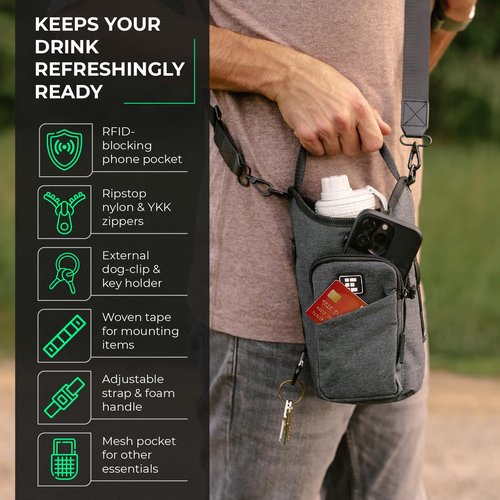 Zero Grid Insulated Water Bottle Carrier with RFID-Blocking Pocket for Personal Data, Electronics, and Phone - Fits 32 oz/1 L Bottles - Crossbody Bag with Adjustable Sling for Hiking and Travel - Grey