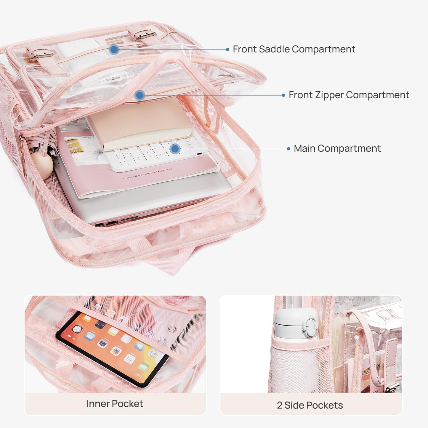 Telena Clear Backpack with Multi-pockets, Heavy Duty TPU Transparent Bag with Reinforced Straps, Large See Through Bookbag for College, Work - Pink