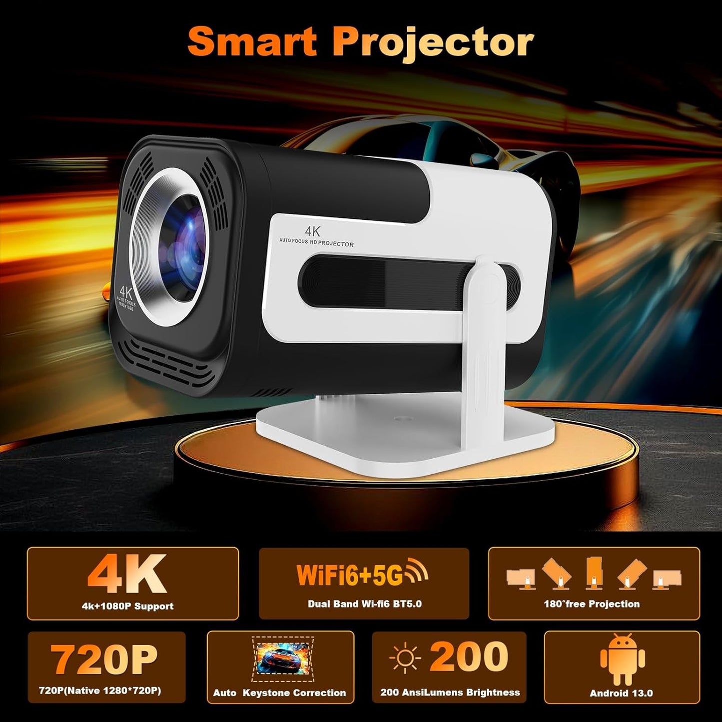 Mini Projector, HY300 PRO Portable Projector, Support 4K 1080P with Dual-Band WIFI6 5G Wireless 5.0 Bluetooth Android 11, 180° Rotatable, Auto Keystone Correction, 35"-130" Screen Video Projector