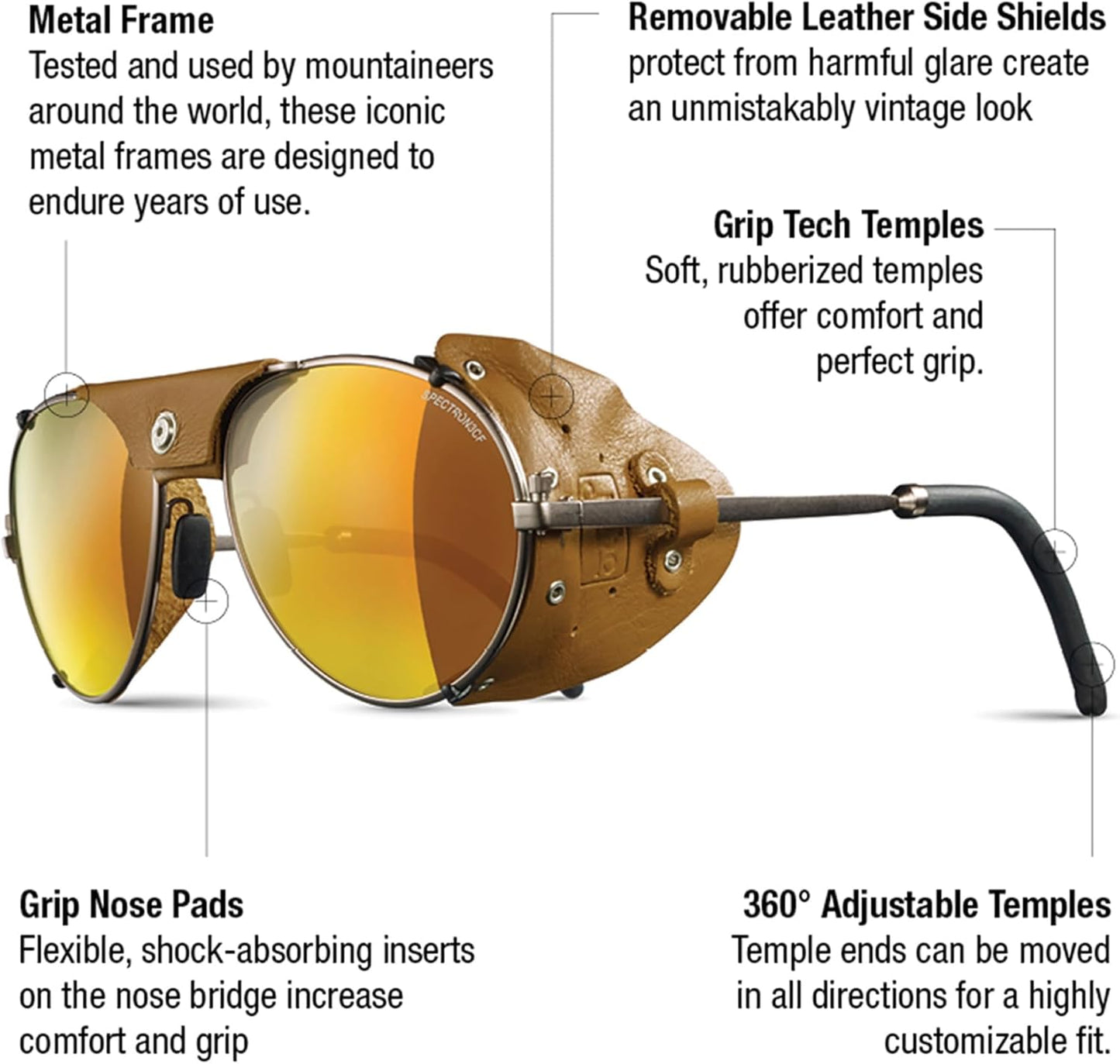 Julbo Cham Glacier Sunglasses for Men & Women w/Removable Leather Side Shields for Hiking, Skiing, Snow - 100% UV Protection