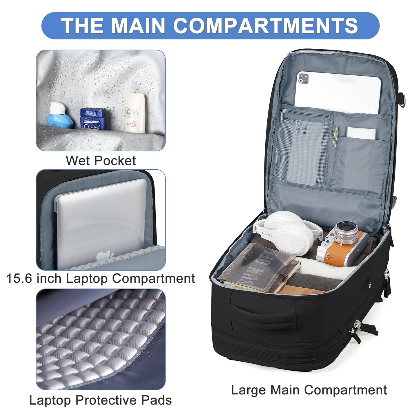 Expandable Travel Backpack For Women Men Airline Approved Personal Item Backpack For Airlines Carry On Backpack Flight Approved Waterproof Backpack For Traveling On Airplane Gym Travel Bag Black