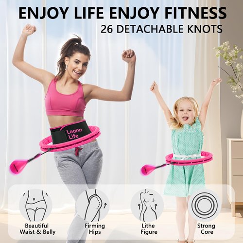 Leann L!fe U2-26 Knots 19”- 56”, Weighted Hula Hoop for Adults Weight Loss, Infinity Hoop Plus Size, Child Adult Home Outdoors, Abdominal Toner, Pink