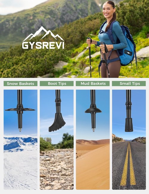 Gysrevi Trekking Poles, 7075 Aluminum Lightweight Folding Hiking Poles, 110-130cm Adjustable Height with Cork Grip Clip Closure 4 Pairs of Rubber Feet for Hiking