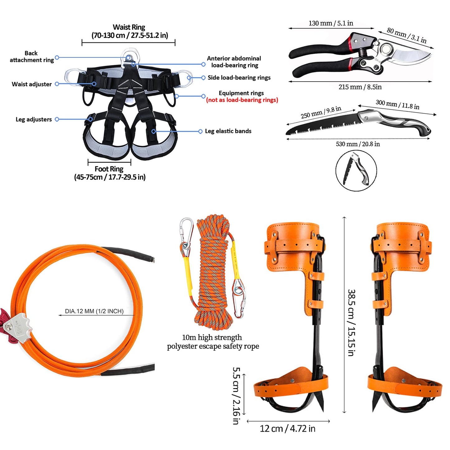 Gdsinstna Tree Climbing Spikes, Tree Climbing Gear Set, Tree Climbing Equipment with Adjustable Climbing Straps and Steel Core Flip Line, Rock Climbing Kit with Triple Lock Lanyard Adjuster