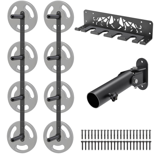 Kipika Gym Organizer Set - Wall Mounted 4 Pegs Weight Plate Storage Rack, Barbell Storage Rack with T-Bar Row Landmine Platform Attachment - Durable Steel Construction, Easy Installation