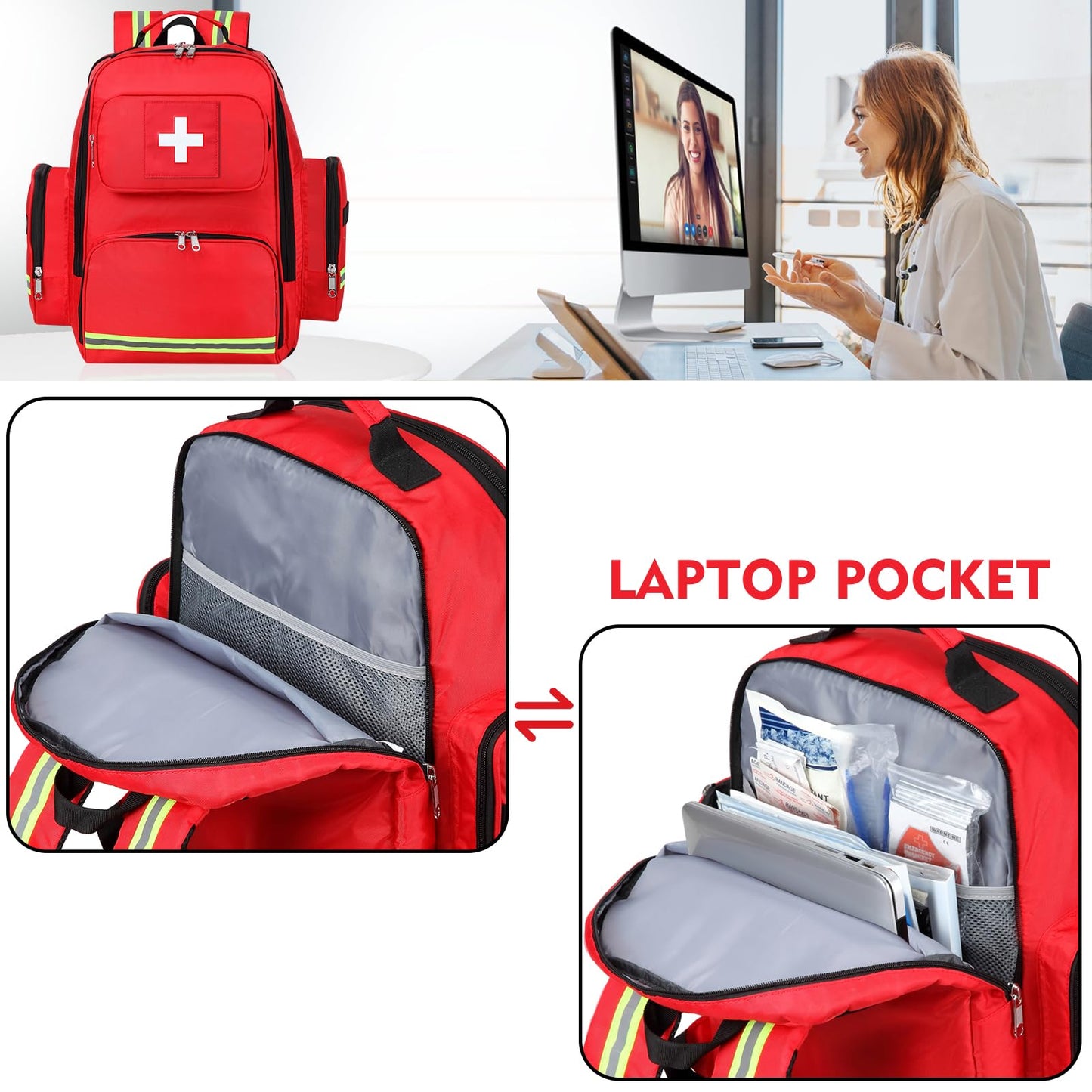 Gatycallaty First Aid Backpack Medical Emt First Responder Bag Empty Ems Emergency Home Health Hiking Trauma Travel Camping (red, Large)