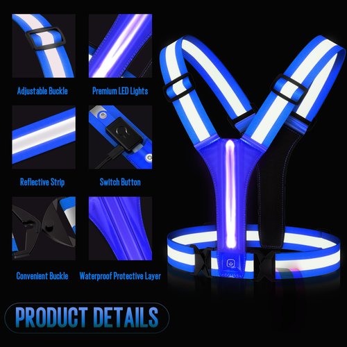 OMKHE LED Reflective Vest Running Gear, Lights Up Running Vest Rechargeable, High Visibility Reflective Running Gear for Night Walking Running Cycling Jogging (Blue)