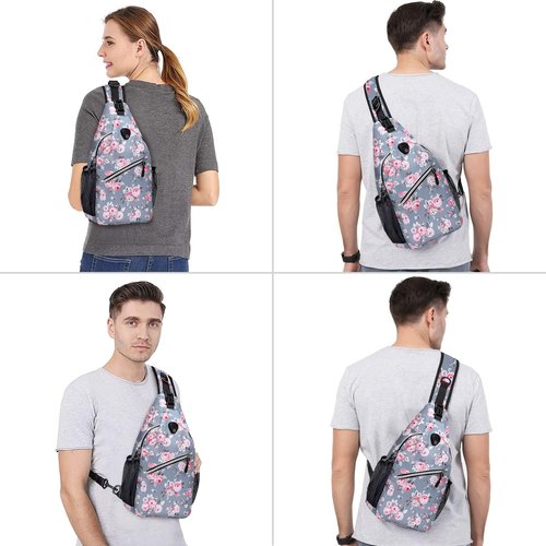 MOSISO Crossbody Sling Backpack, Travel Hiking Daypack Floral Chest Sling Bag Daypack, Peony Bouquet, Grey