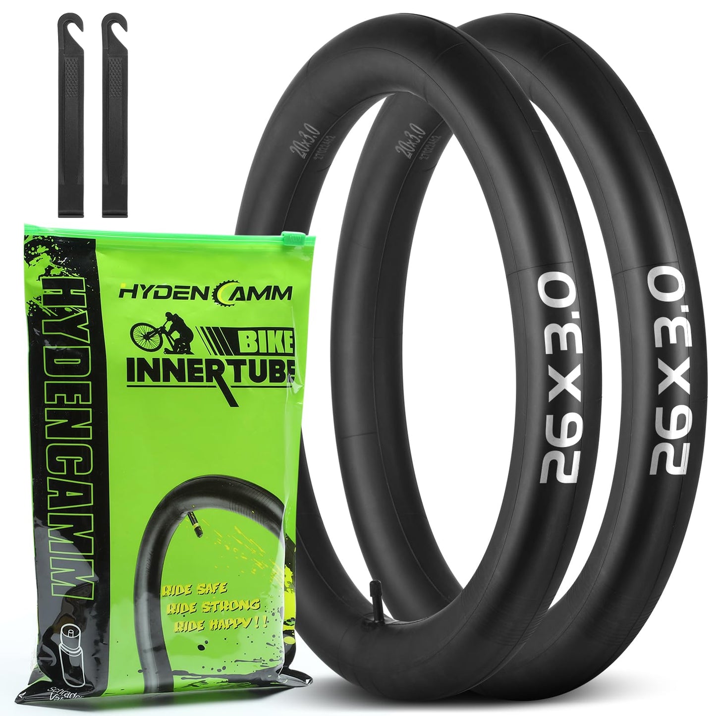 2 Pack 26x3.0 Fat Bike Tube with AV 32mm Valve, Premium Butyl Rubber 26 x 3.5 Fat Tire Bike Tubes with 2 Tire Levers, 26x3.0 Bike Tube for Road/MTB/E Bike by Hydencamm