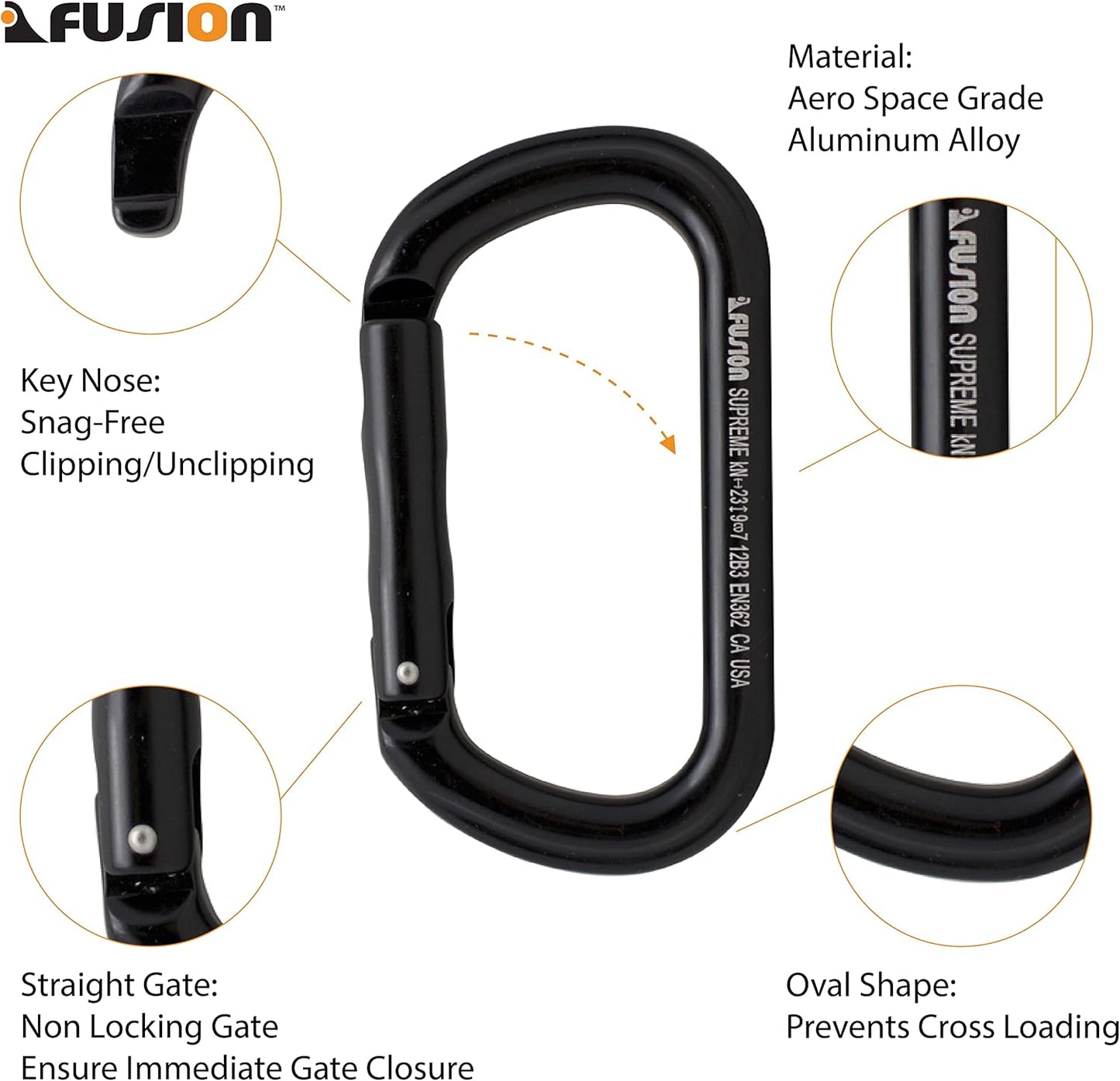 Fusion Climb Supreme II Aluminum Oval-Shape Carabiner 5-Pack,Black,One Size,(FP-9318-BLK-5P)