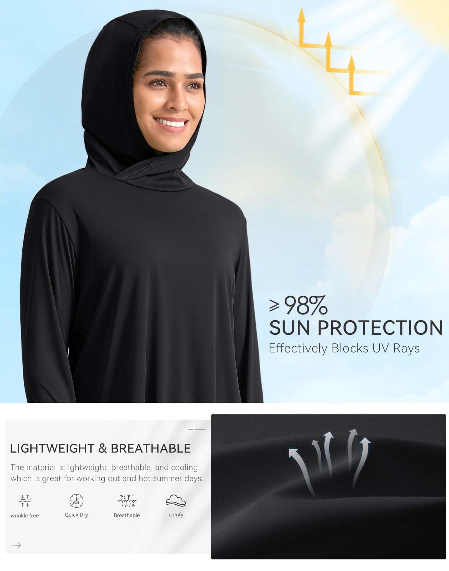 Pudolla Women's Sun Protection Shirt UPF 50+ Long Sleeve Lightweight UV Hoodie for Women Hiking Outdoor Fishing Summer (Black Medium)