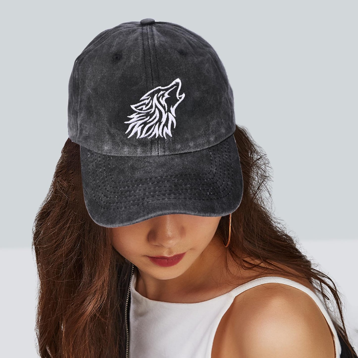 Animal Tribal Wolf Embroidered Baseball Cap for Women Men Vintage Adjustable Washed Distressed Denim Baseball Hat