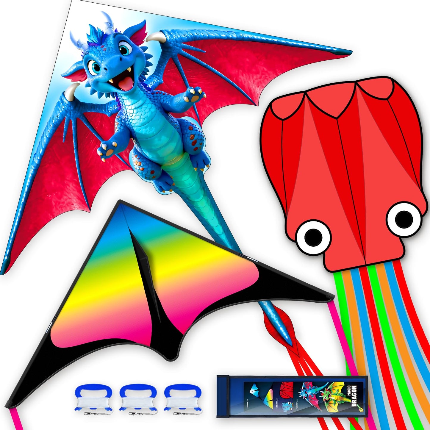 SGftre 3 Piece Set Butterfly Delta Octopus Kites for Kids and Adults，Easy to Fly for Outdoor Adults Children Line Kite for Kids Toy (Blue Dragon+ Delta+Octopus Red, 3)