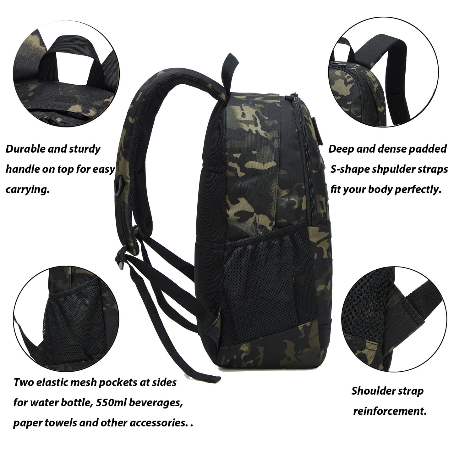 ArcEnCiel Motorcycle Backpack Tactical Bag Army Pack Rucksacks with Patch - Rain Cover Included(Black Camo)