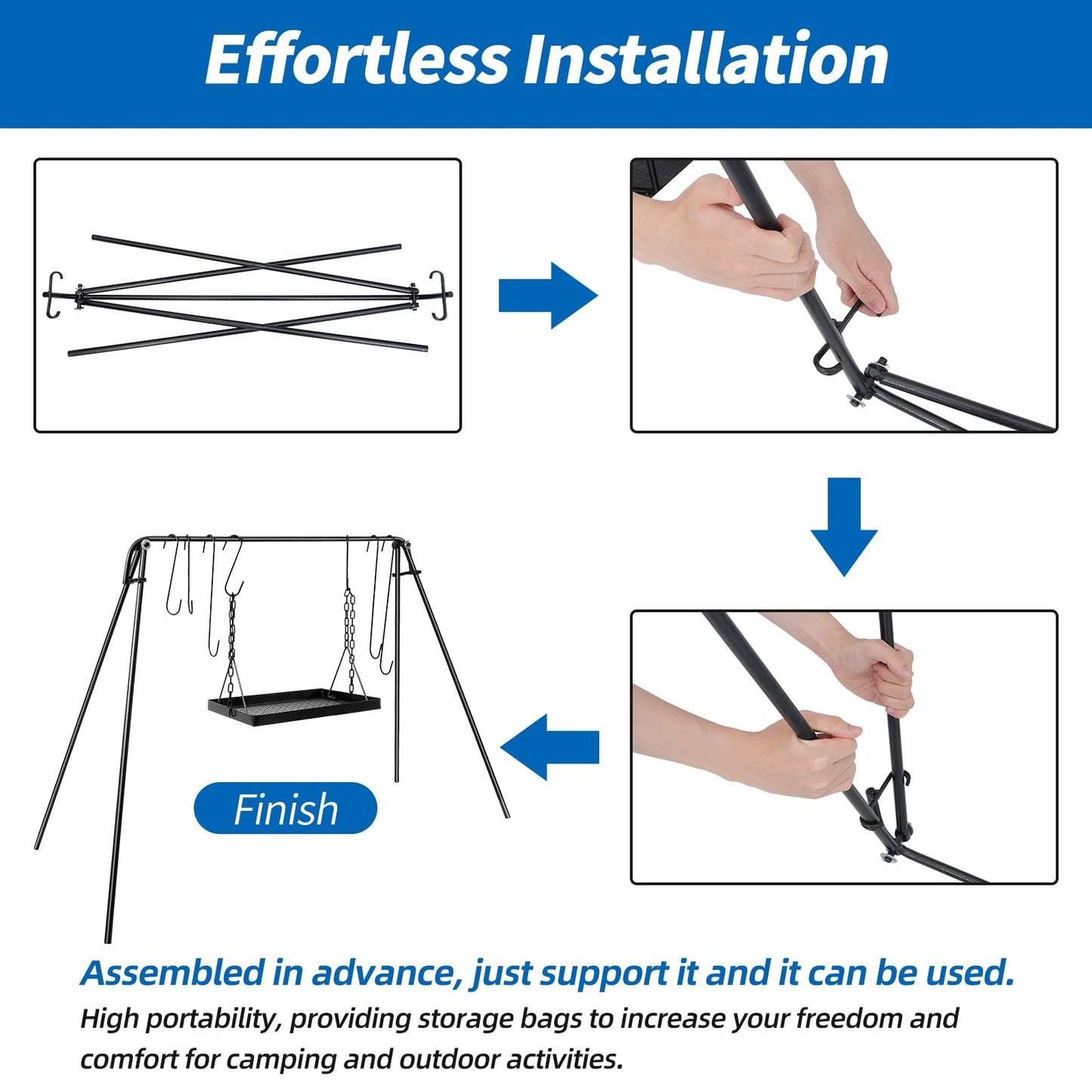 HONYTA Campfire Swing Cooking Grill Stand, Portable Hanging Cooking Rack with Collapsible Legs Adjustable Grill Grate and Hooks for Outdoor BBQ Picnic Cookware Party