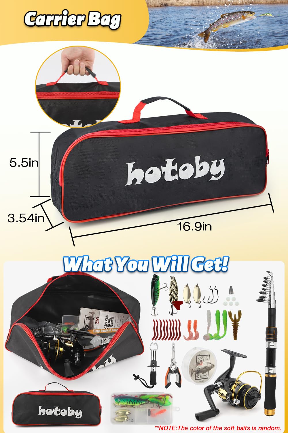 Fishing Pole Combo Set, 6.89ft Fishing Rod and Reel Combo, Carbon Fiber Telescopic Fishing Rod Kit with Spinning Reel, Fishing Pliers, Lip Gripper, Line, Lures, Carrier Bag for Beginner Angler