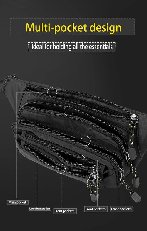 Large Waist Bum Bag Fanny Pack for Outdoor Sport Fashion Waterproof Bag Belt Bag for women men boys Multifunctional Travel Workout Hiking Running Cycling 6 Zipper Pockets (Black)